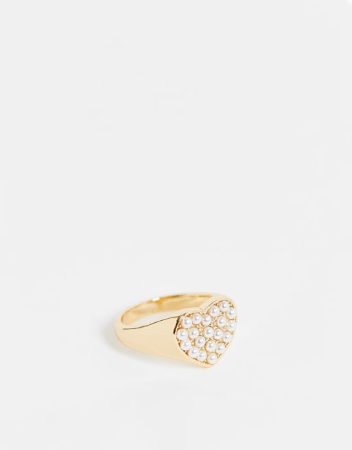 ASOS DESIGN - Zegelring met hartje van mini-kunstparels in goudkleur