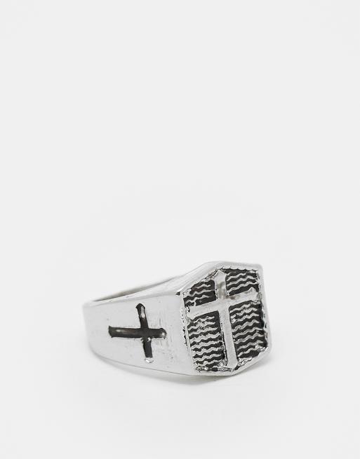ASOS DESIGN - Zegelring met kruisje in gepolijst zilver