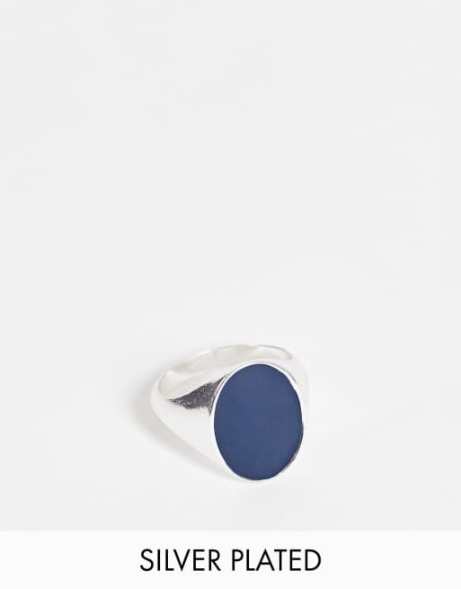 ASOS DESIGN - Zegelring met oversized marineblauwe steen verzilverd met echt zilver