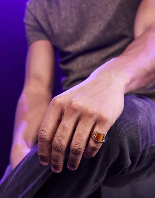 ASOS DESIGN - Zegelring met tijgeroog in goudkleur