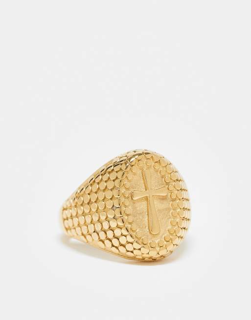ASOS DESIGN - Zegelring van waterbestendig roestvrij staal met kruisdetail in goudkleur