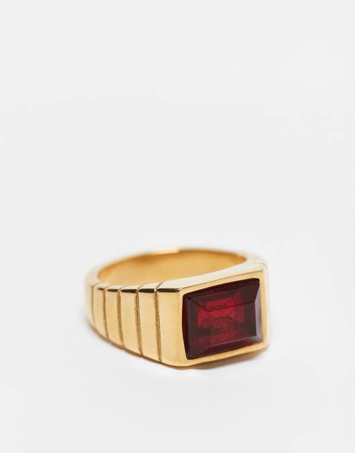 ASOS DESIGN - Zegelring van waterbestendig roestvrij staal met rode steen in goudkleur