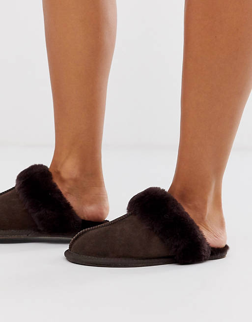 ASOS DESIGN Zella premium sheepskin slippers in chocolate brown | ASOS