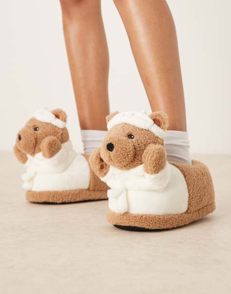 ASOS DESIGN Zemi teddy bear robe slipper in tan borg - view 1