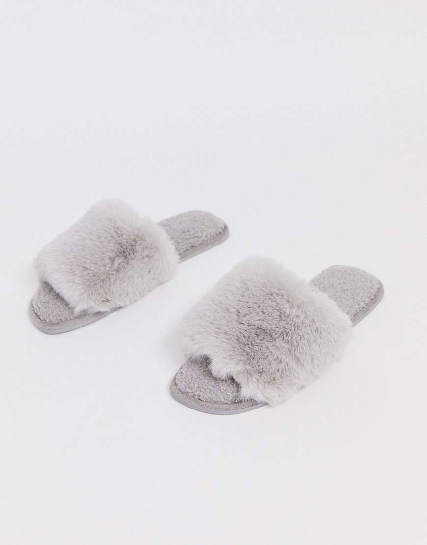 ASOS DESIGN Zen borg fur slippers in pale grey