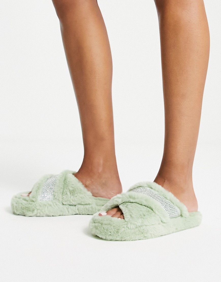 Zena embellished chunky slider slipper in sage-Green