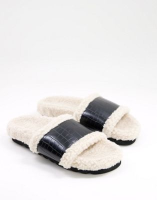 ASOS DESIGN Zeno slider slippers in black and cream - ASOS Price Checker