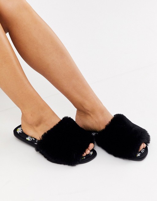 ASOS DESIGN Zero daisy print fur slider slippers in black
