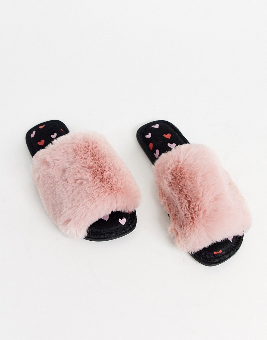 ASOS DESIGN - Zero - Pantoffels van bont met hartenprint in roze-Multi