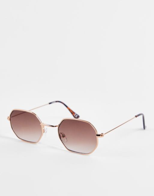 ASOS DESIGN - Zeshoekige metalen zonnebril in roségoud met bruine glazen met kleurverloop 