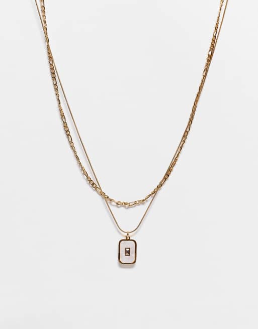 ASOS DESIGN – Zestaw 2 łańcuszków ze stali nierdzewnej w złotym kolorze z zawieszką z masą perłową