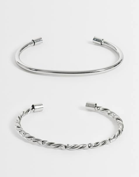 ASOS DESIGN zestaw 2 bransolet typu cuff z gładkim i skręcanym detalem w srebrnym odcieniu - view 1