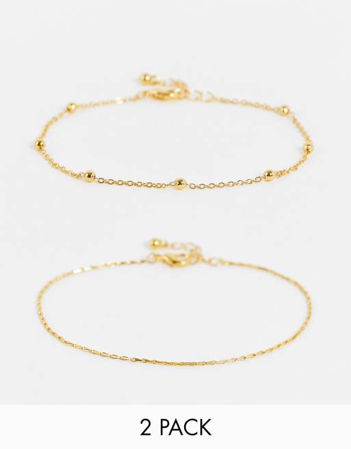 ASOS DESIGN – Zestaw 2 bransoletek na kostkę platerowanych 14-karatowym złotem z ogniwami w kształcie kropek i kresek
