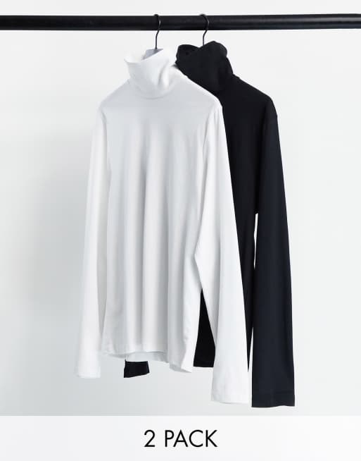 ASOS DESIGN – Zestaw 2 dżersejowych topów z długim rękawem i odwijanym golfem w kolorze białym i czarnym