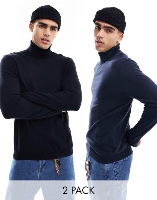 ASOS DESIGN – Zestaw 2 dzianinowych swetrów z golfem w kolorach granatowym i czarnym