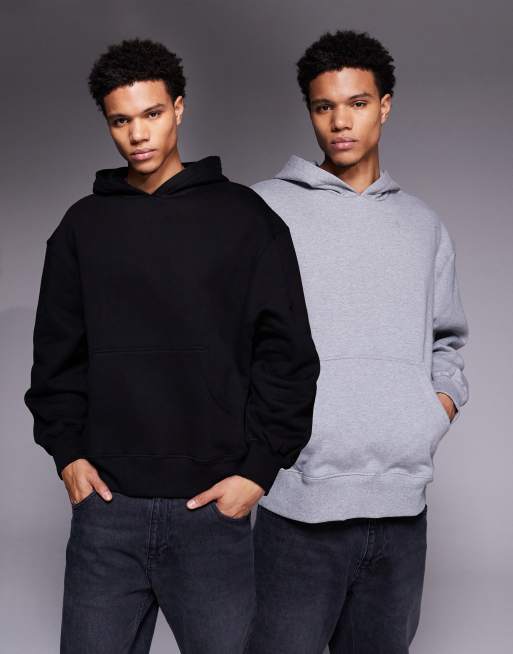 ASOS DESIGN – Zestaw 2 grubych bluz z kapturem premium o kroju oversize o gramaturze 400 g/m² w kolorach czarnym i szarym melanżowym