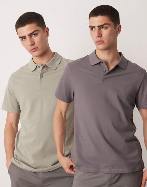 ASOS DESIGN essentials 2 pack polos in khaki and charcoal pique   