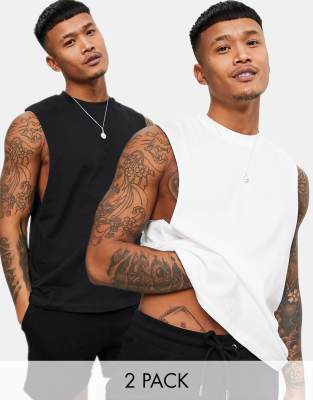 ASOS DESIGN – Zestaw 2 luźnych podkoszulków z głębokim wycięciem pod pachami w kolorach czarnym i białym