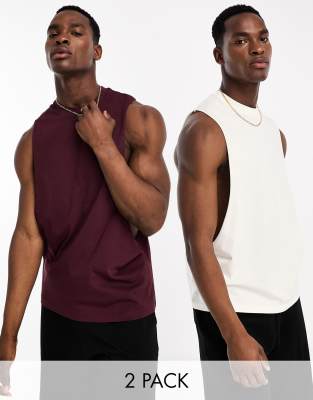 ASOS DESIGN – Zestaw 2 luźnych podkoszulków z głębokim wycięciem pod pachami w kolorach ecru i bordowym