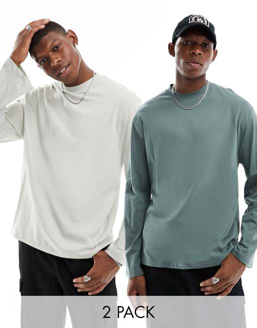 ASOS DESIGN – Zestaw 2 luźnych T-shirtów z długim rękawem w kolorach zielonym i brązowoszarym