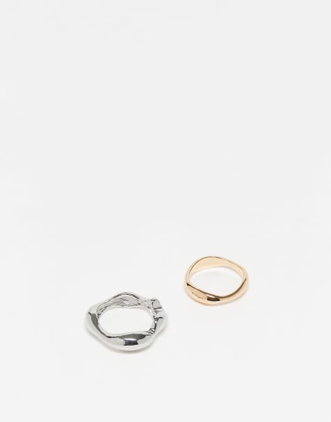 ASOS DESIGN – Zestaw 2 metalowych pierścionków z efektem stopienia w odcieniu srebra i złota - view 1