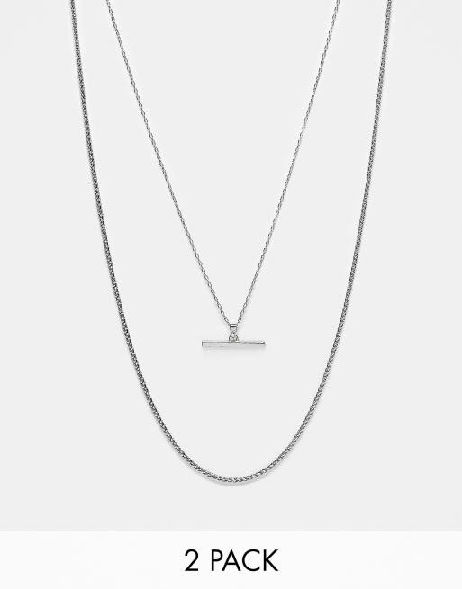 ASOS DESIGN – Zestaw 2 naszyjników łańcuszkowych z zawieszką w kształcie litery T w odcieniu srebra 