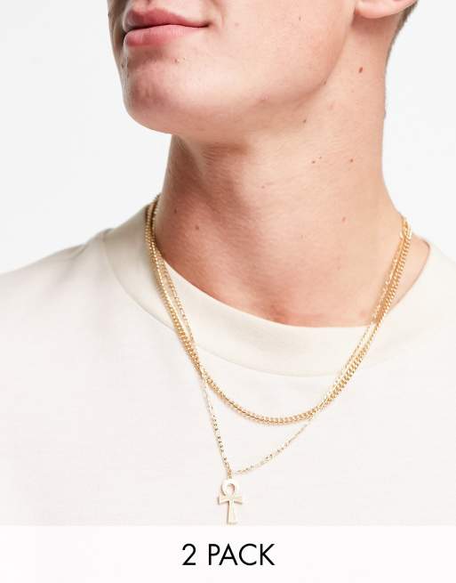 ASOS DESIGN – Zestaw 2 naszyjników warstwowych w odcieniu złota z zawieszką w kształcie krzyża ankh