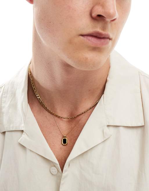 ASOS DESIGN – Zestaw 2 naszyjników z wodoodpornej stali nierdzewnej w kolorze złota z czarnym kamieniem
