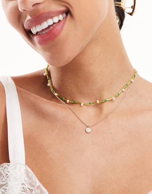 ASOS DESIGN – Zestaw 2 naszyjników z zielonymi koralikami i zawieszką w kształcie dysku