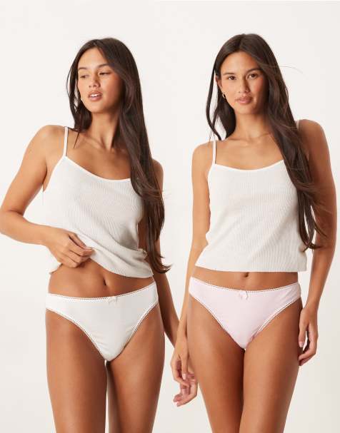 ASOS DESIGN 2 pack cotton thong with embroidery in pink & white