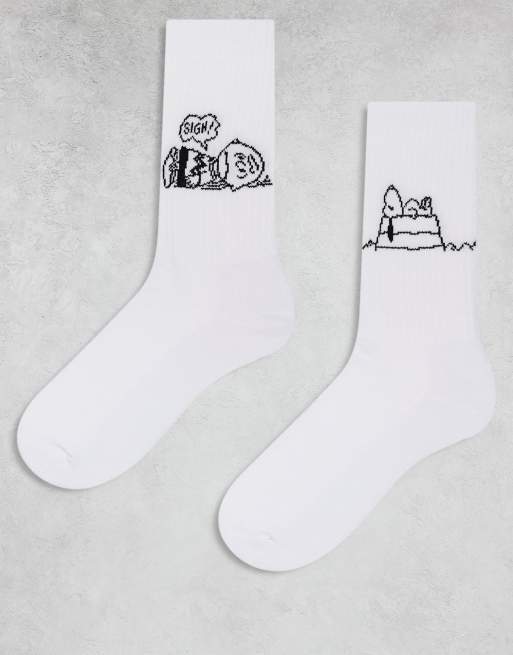 ASOS DESIGN – Zestaw 2 par białych skarpetek z grafiką z motywem Snoopy'ego i Charliego