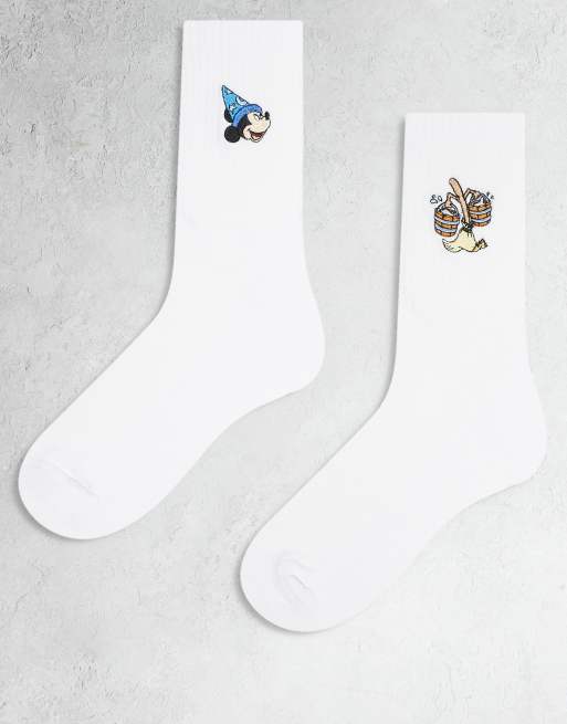 ASOS DESIGN – Zestaw 2 par białych skarpetek z motywami z filmu Fantazja z Myszką Miki