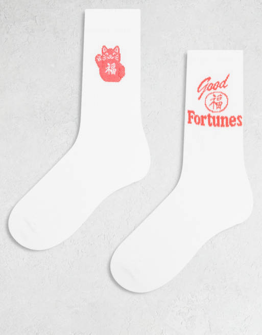 ASOS DESIGN – Zestaw 2 par białych skarpetek z motywem kota przynoszącego szczęście