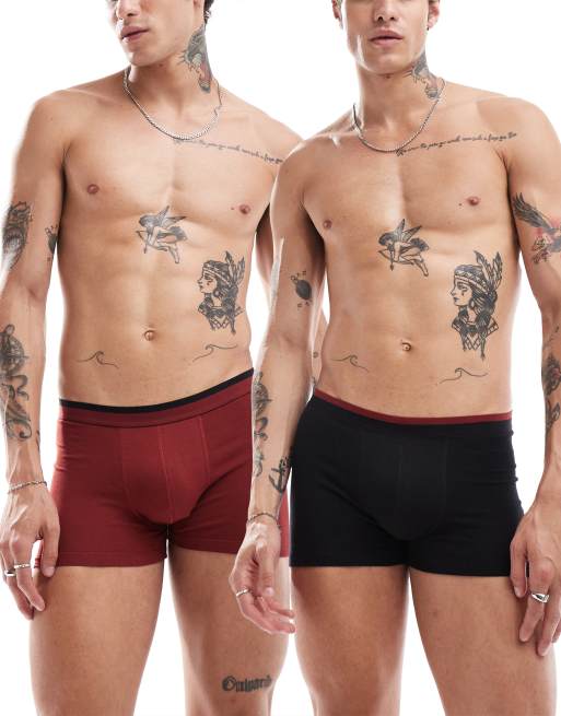ASOS DESIGN – Zestaw 2 par bokserek w kolorach czarnym i bordowym