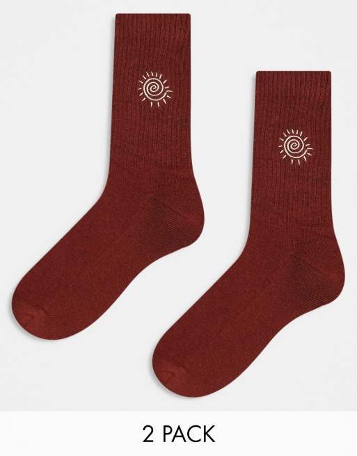 ASOS DESIGN – Zestaw 2 par brązowych skarpetek z wyhaftowanym słońcem