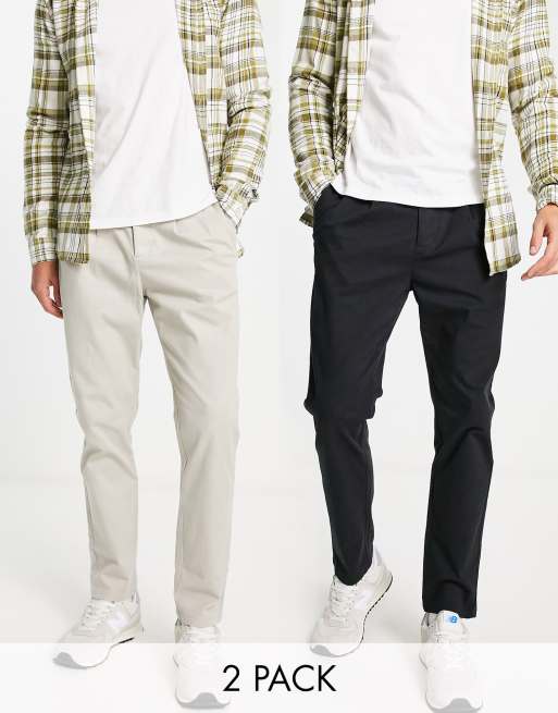 ASOS DESIGN – Zestaw 2 par chinosów z zaszewkami w kolorach jasnoszarym i czarnym