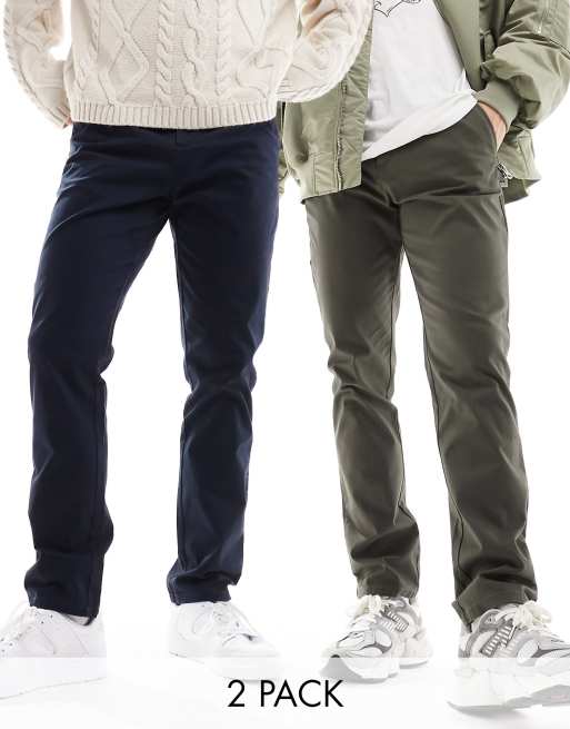 ASOS DESIGN – Zestaw 2 par dopasowanych chinosów w kolorze khaki i granatowym – w zestawie taniej!