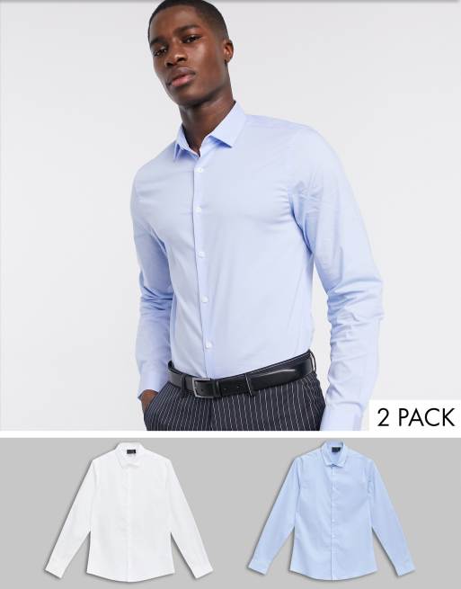 ASOS DESIGN – Zestaw 2 par eleganckich koszul o dopasowanym kroju w kolorze białym i niebieskim, w zestawie taniej!