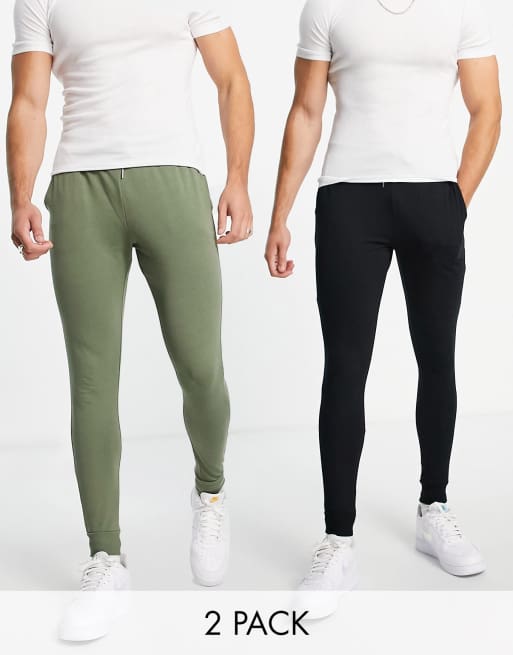 ASOS DESIGN – Zestaw 2 par joggersów o bardzo obcisłym kroju w kolorze czarnym i khaki
