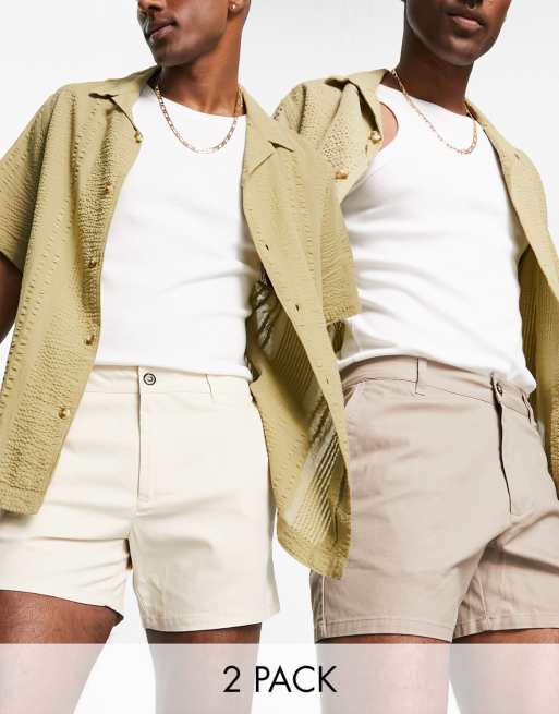 ASOS DESIGN – Zestaw 2 par krótkich szortów chinosów o dopasowanym kroju w kolorze białym i beżowym – w zestawie płacisz mniej! 