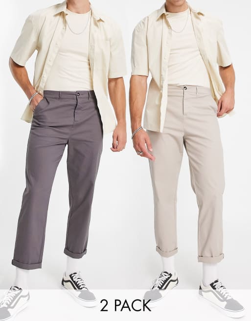 ASOS DESIGN – Zestaw 2 par luźnych chinosów typu skater w kolorach grafitowym i beżowym – W zestawie taniej!
