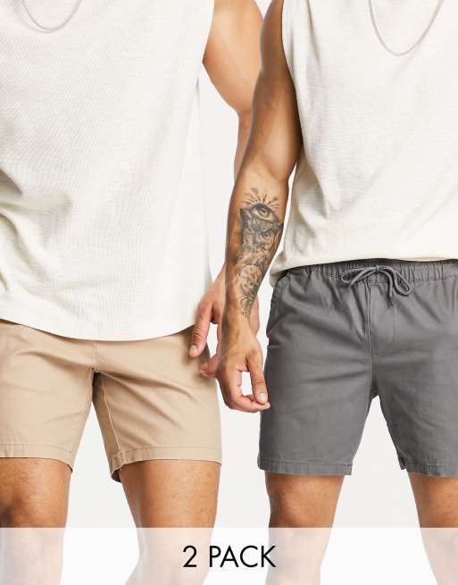 ASOS DESIGN – Zestaw 2 par obcisłych średniej długości szortów chinosów w kolorze beżowym i grafitowym – w zestawie taniej! 