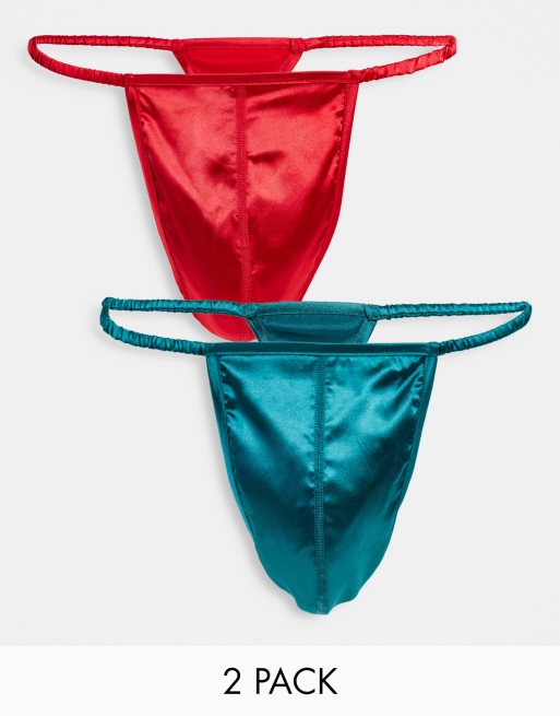 ASOS DESIGN – Zestaw 2 par satynowych stringów z marszczonymi paseczkami
