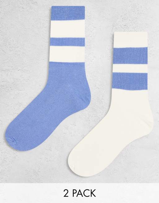 ASOS DESIGN – Zestaw 2 par skarpetek do kostki z szerokimi pasami w kolorze niebieskim i złamanej bieli