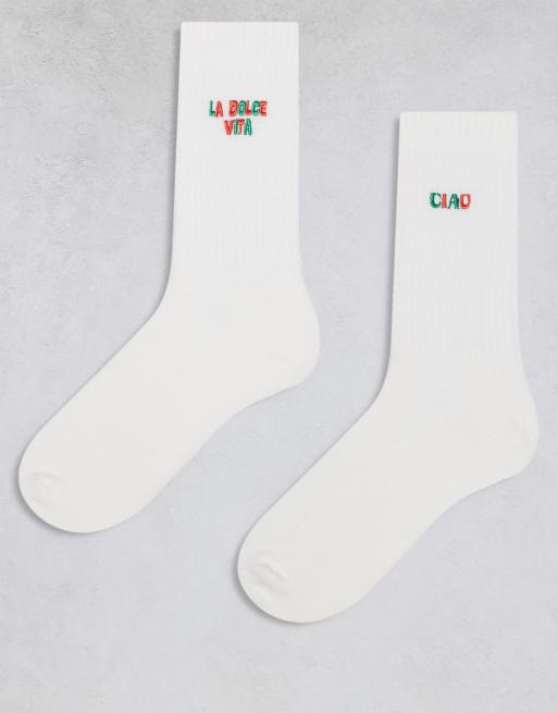 ASOS DESIGN – Zestaw 2 par skarpetek w kolorze ecru z napisem „Ciao” i „Dolce Vita”
