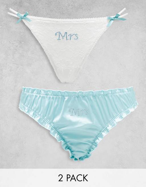 ASOS DESIGN – Zestaw 2 par ślubnych stringów z satyny i koronki z kryształkami w kolorze kremowym i niebieskim