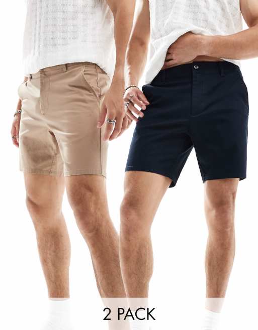 ASOS DESIGN – Zestaw 2 par szortów chino o obcisłym kroju w kolorach kamiennobeżowym i granatowy – w zestawie taniej!