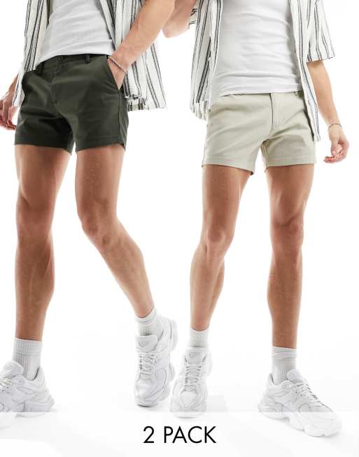 ASOS DESIGN – Zestaw 2 par szortów chinosów o obcisłym kroju w kolorach khaki i kamiennobeżowym – w zestawie taniej!