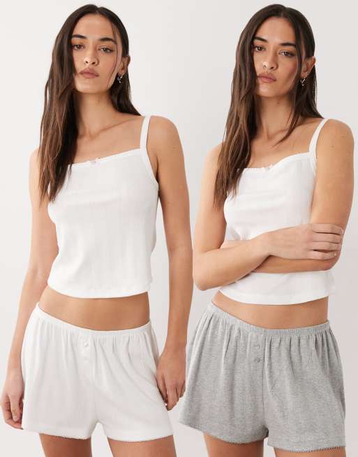 ASOS DESIGN – Zestaw 2 piżam z dzianiny pointelle w kolorach białym i szarym, 2 z 3