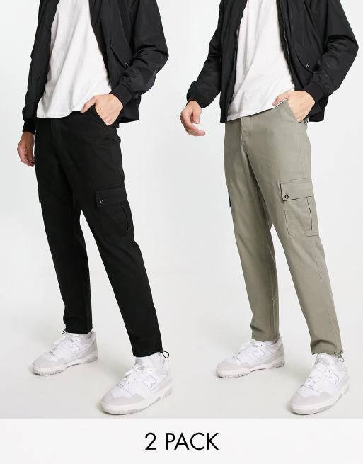 ASOS DESIGN – Zestaw 2 par zwężanych bojówek w kolorach czarnym i khaki – zestaw w dobrej cenie